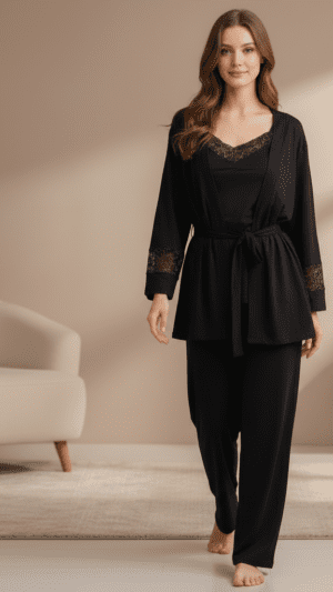 Pyjama 3 pièces coton et dentelle